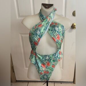 Med Victoria's Secret Multicolored Floral Wrap Halter One Piece Swimsuit.  EUC